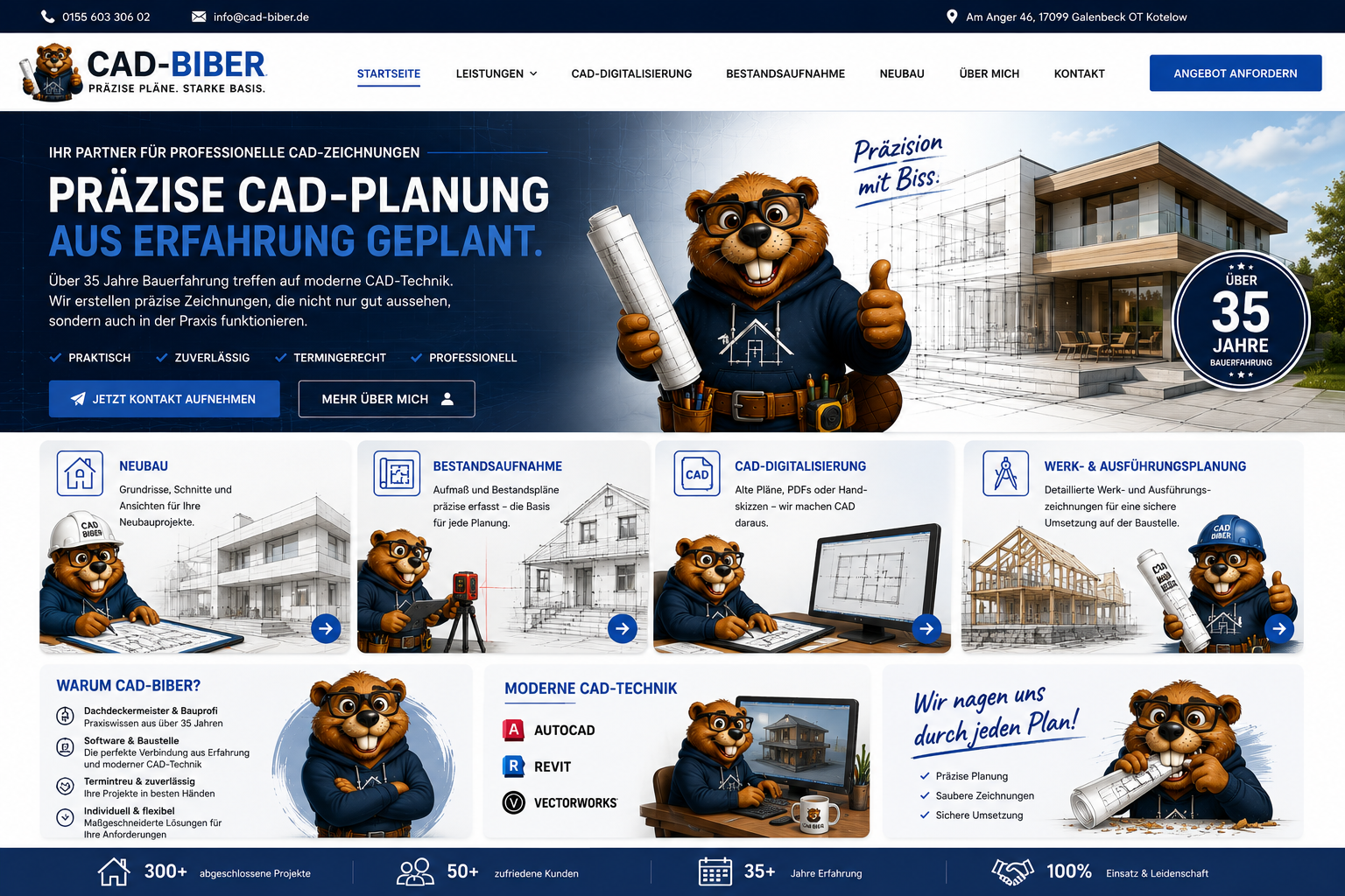 CAD-Biber Startseite mit Navigation, Leistungen und Kontaktinformationen
